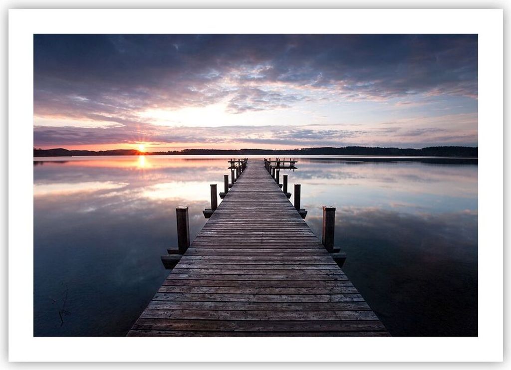 Poster - Poster ohne Rahmen - Fußgängerbrücke See Sonnenuntergang Abend - 70x50 cm - Wand Bild - Wanddeko - Wandbilder - Kunstposter - Wandposte...