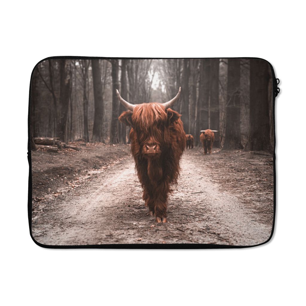 MuchoWow Laptop Hülle 15 Zoll Schottischer Hochländer - Wald - Kuh - Tiere - Natur Laptoptasche - Laptoptasche - Sleeve - Rundum-Schutz