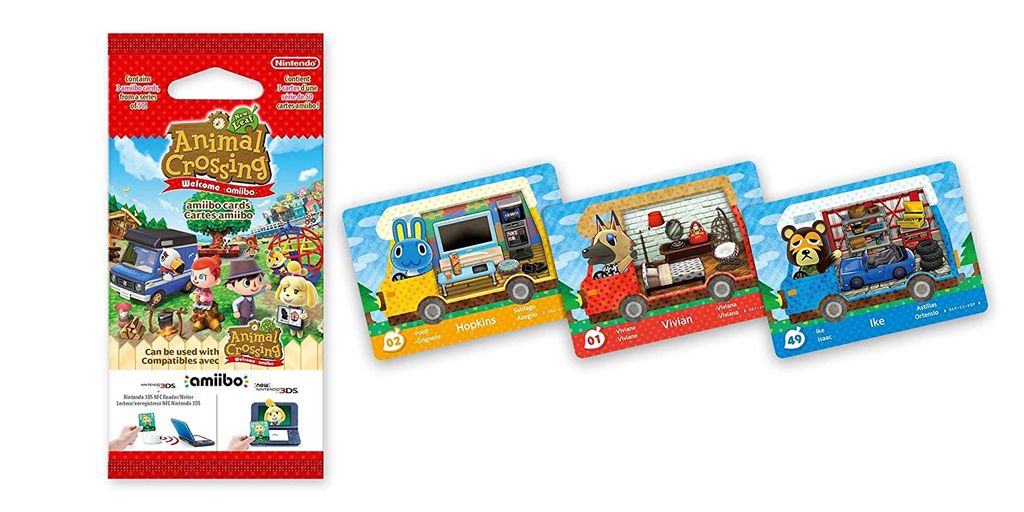 A package of Animal Crossing amiibo cards with three cards displayed.