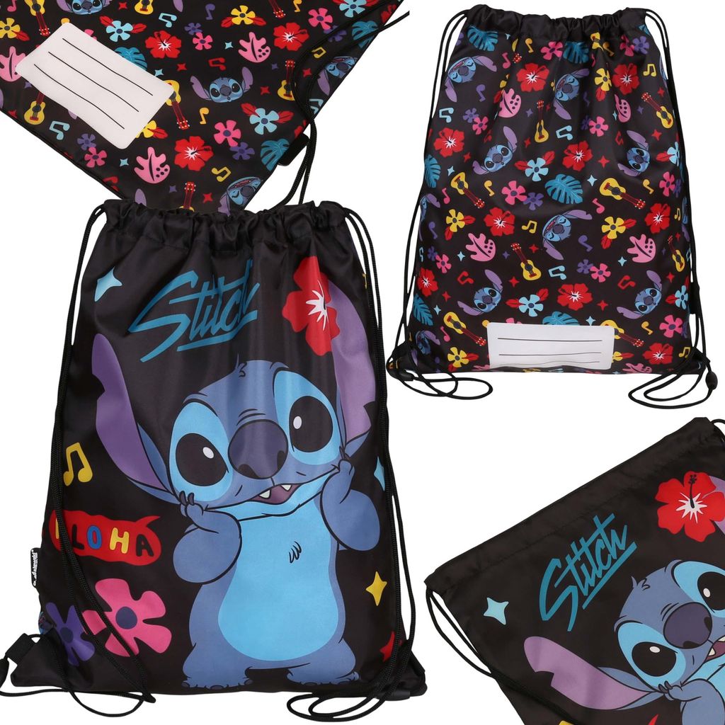 DISNEY Stitch ALOHA Kinderschuhbeutel schwarz LEIBESERZIEHUNG, Schulumhängetasche für Kinder 31x42 cm