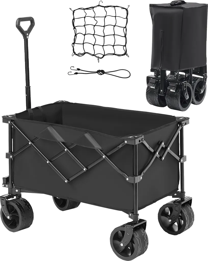 SucceBuy Carrello pieghevole da, 113 l carrello da spiaggia con ruote per tutti i terreni, robusto carrello pieghevole, capacità di carico di 250 lbs con portabicchieri, carrello sportivo per campeggio, shopping, giardinaggio