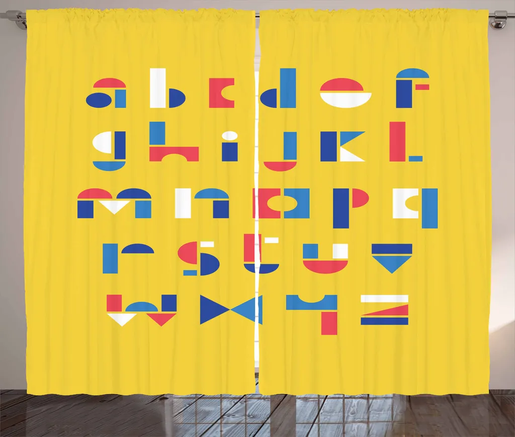 ABAKUHAUS Tenda rustica con alfabeto, lettere geometriche piccole, tenda con passanti e ganci per camera da letto, 280 x 175 cm, gialla e multicolore