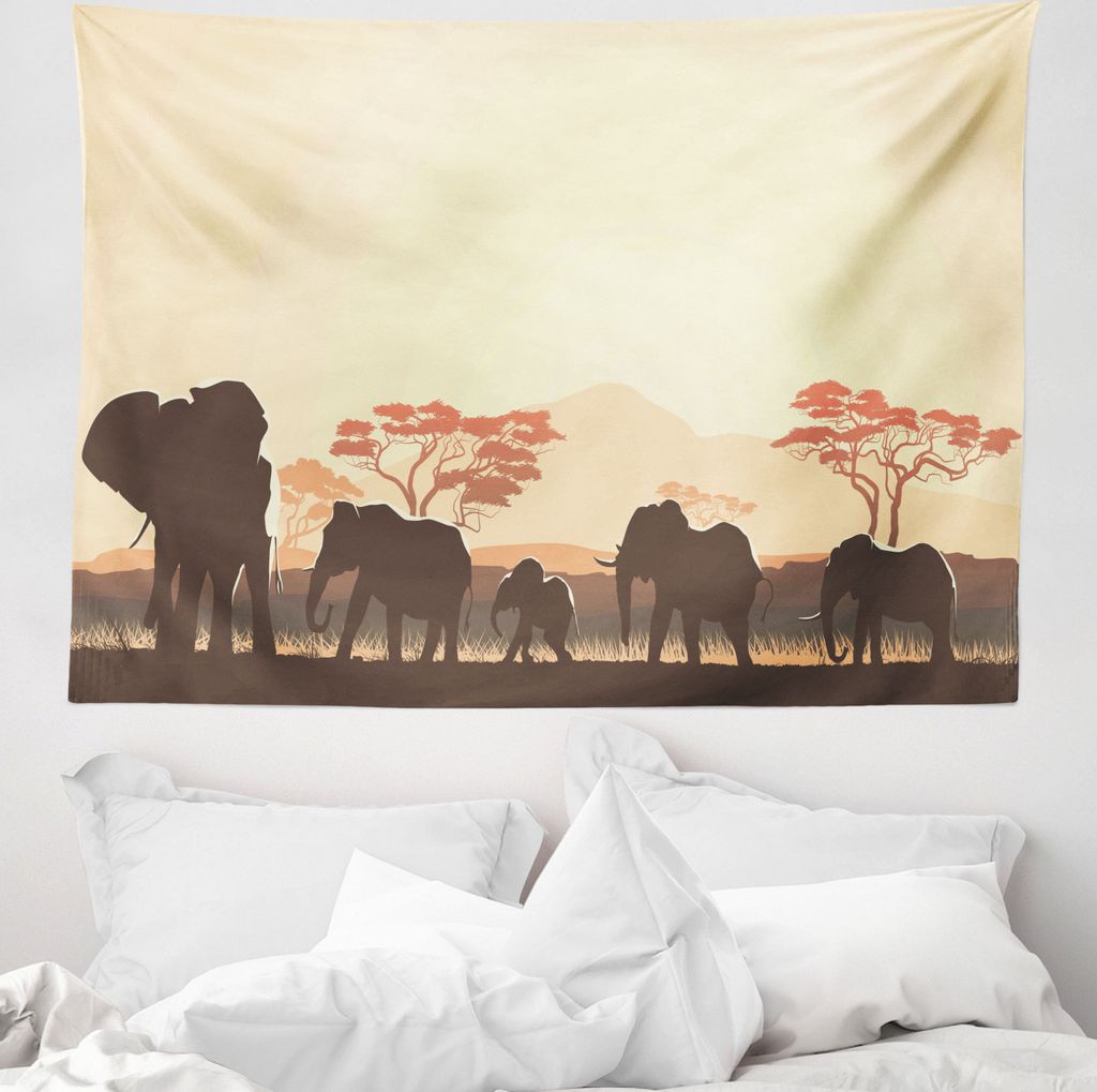 ABAKUHAUS afrikanisch Wandteppich, Safari-Tierelefant aus Weiches Mikrofaser Stoff Waschbar ohne Verblassen Digitaldruck, 150 x 110 cm, Hellgelb Braun