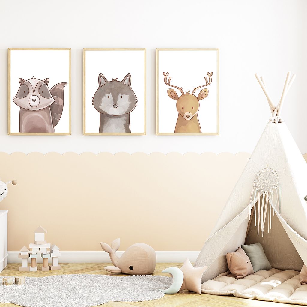 Waldtiere Waschbär Wolf Reh 3er Set Kinderzimmer Bilder DIN A4 Poster Babyzimmer Wandbilder Dekoration