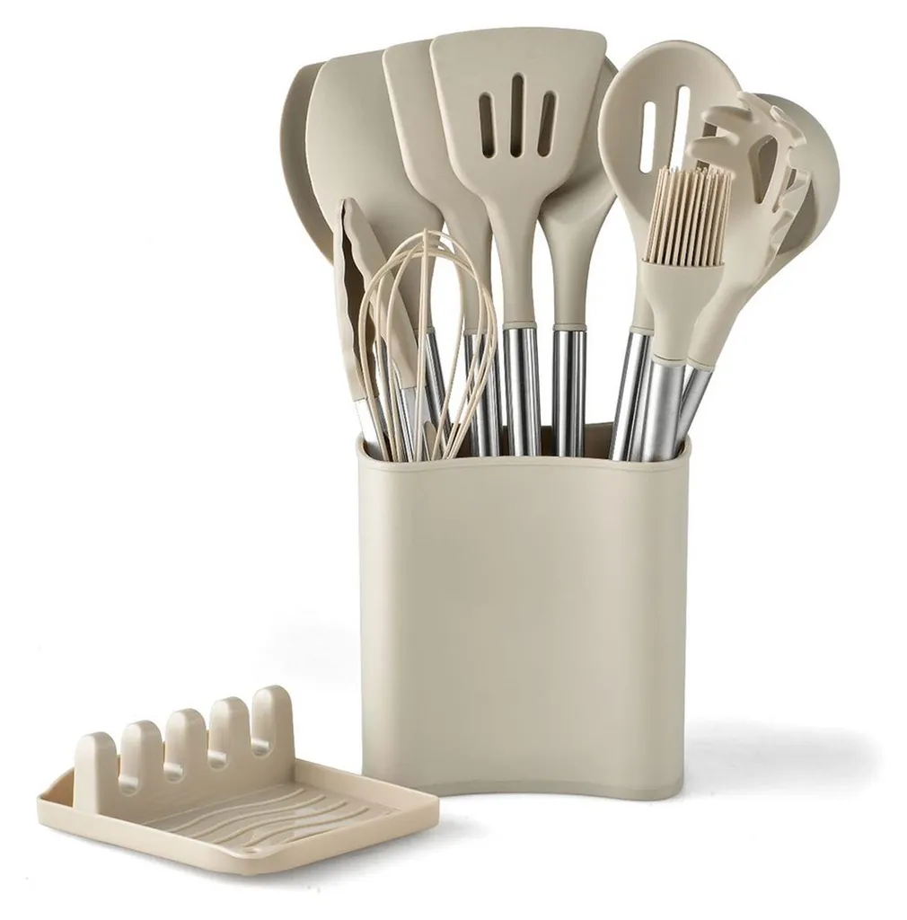 Set de 13 Ustensiles de Cuisine en Acier Inoxydable et Silicone Noir