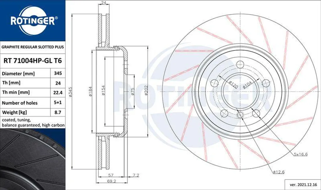 Disque de frein ROTINGER RT 71004HP-GL T6 pour BMW Série 5 6 7 F10 F01