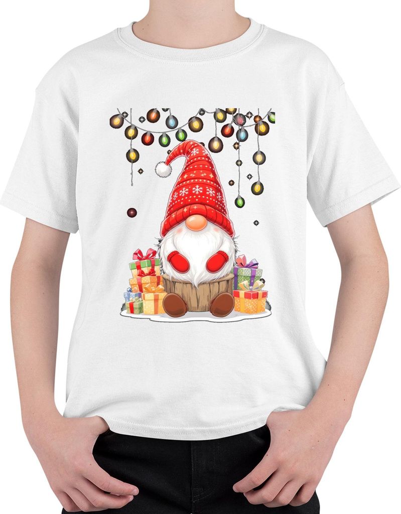 Weihnachtswichtel Gnom rote Mütze Geschenke Lichterkette nordisch Uni Kinder T-Shirt, Weiß, 116