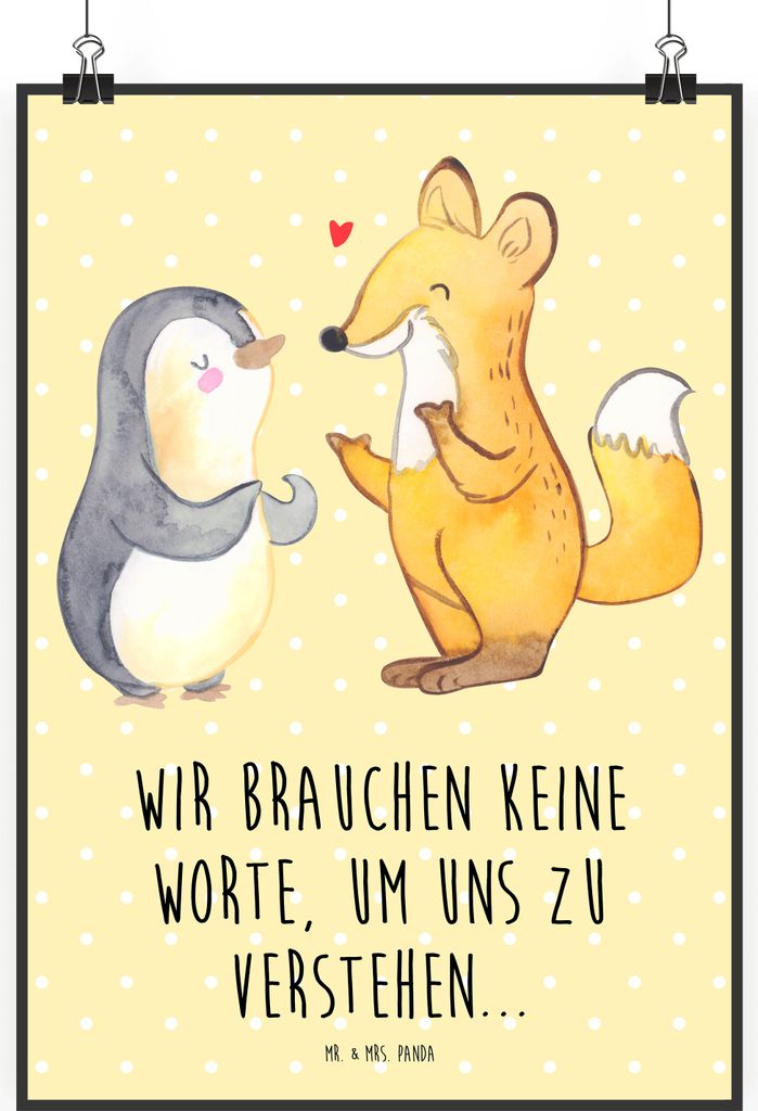 Mr. & Mrs. Panda Bild Fuchs & Pinguin gehörlos DIN A2 - Gelb Pastell - Geschenk, wanddeko, Plakat, Deko, Gebärdensprache, kunstdruck poster, drucke