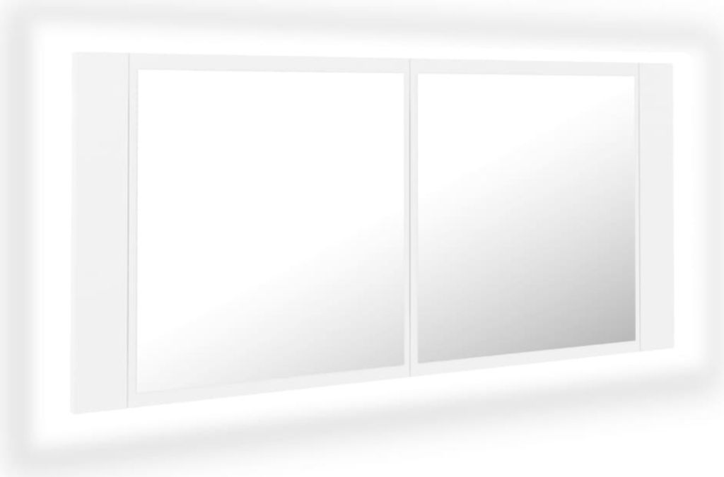 A white cabinet with two mirrored doors and internal lighting, presented at a slight angle against a white background.