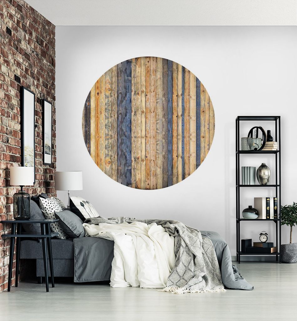 Fototapete Rustikal gestapelte Vintage Holzplatten rund, Material:Superior Vlies 350g/qm, Größe Tapete:130cm rund