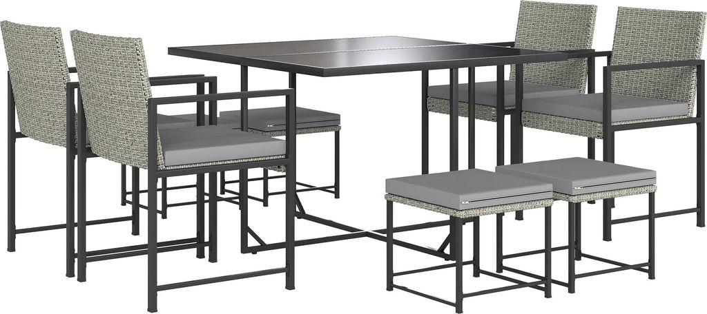 Outsunny 8-Sitzer Gartenmöbel-Set aus Rattan, Tisch und Stühle, 4 Sessel, 4 Hocker, Kissen, Tischplatte aus gehärtetem Glas, für Terrasse, Balk...