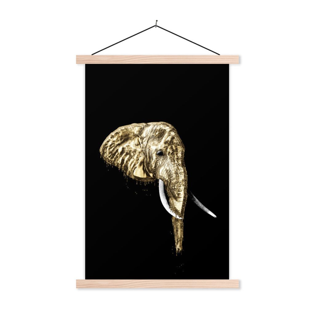 MuchoWow Textilposter Elefant - Schwarz - Gold 40x60 cm mit holzfarbenen Rahmen - Poster