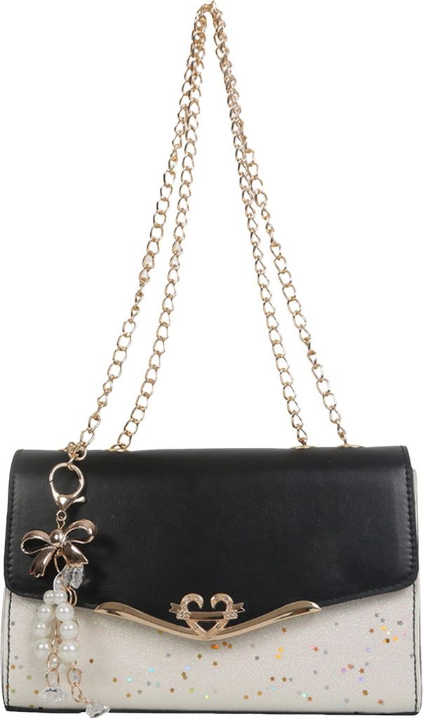 Damen-Umhängetasche mit Kunstperlen, Schleife, Anhänger, Dekor, Pailletten, Hartschale, Kunstleder, Umhängetasche für Pendler und Reisen