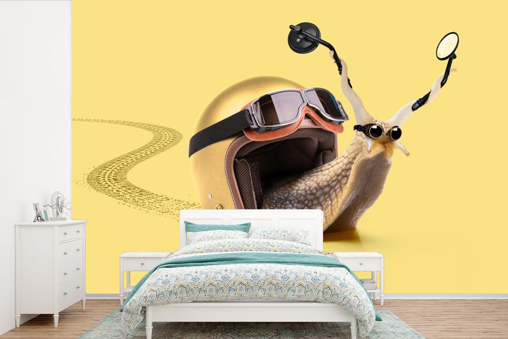 MuchoWow Fototapete für Wohnzimmer oder Schlafzimmer Wandtapete Vinyl Motivtapete Schnecke - Tiere - Helm - Gelb - Spiegel - 420x280 cm - Zimmer...