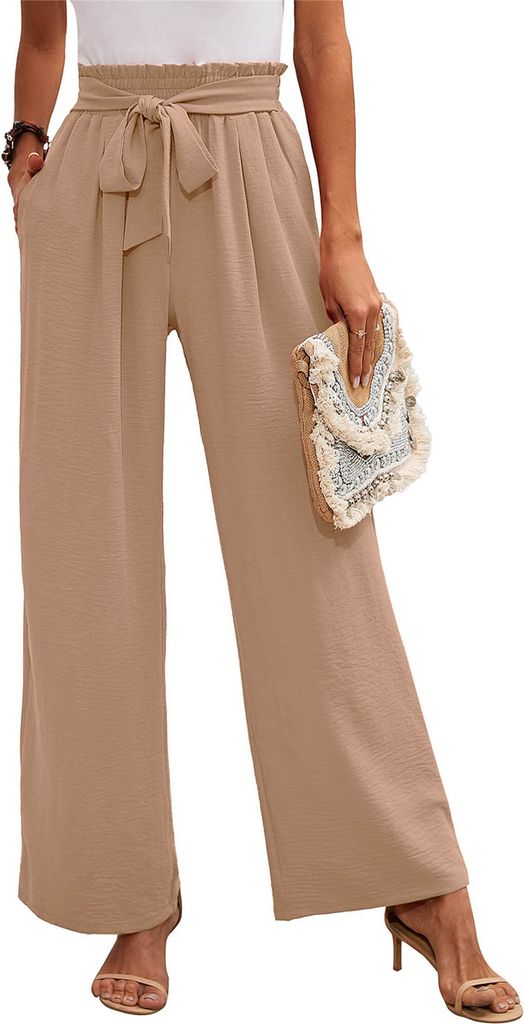 ASKSA Damen Weite Bein Hose Hohe Taille Leichte Sommerhose Einfarbig Lose Verstellbare Freizeithose mit Taschen (Khaki,XL)