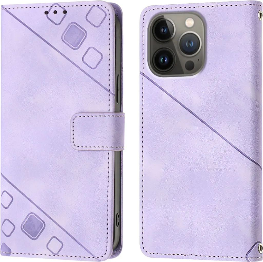 Custodia iPhone 13 Pro Max in Pelle Viola con Rilievo e Portafoglio