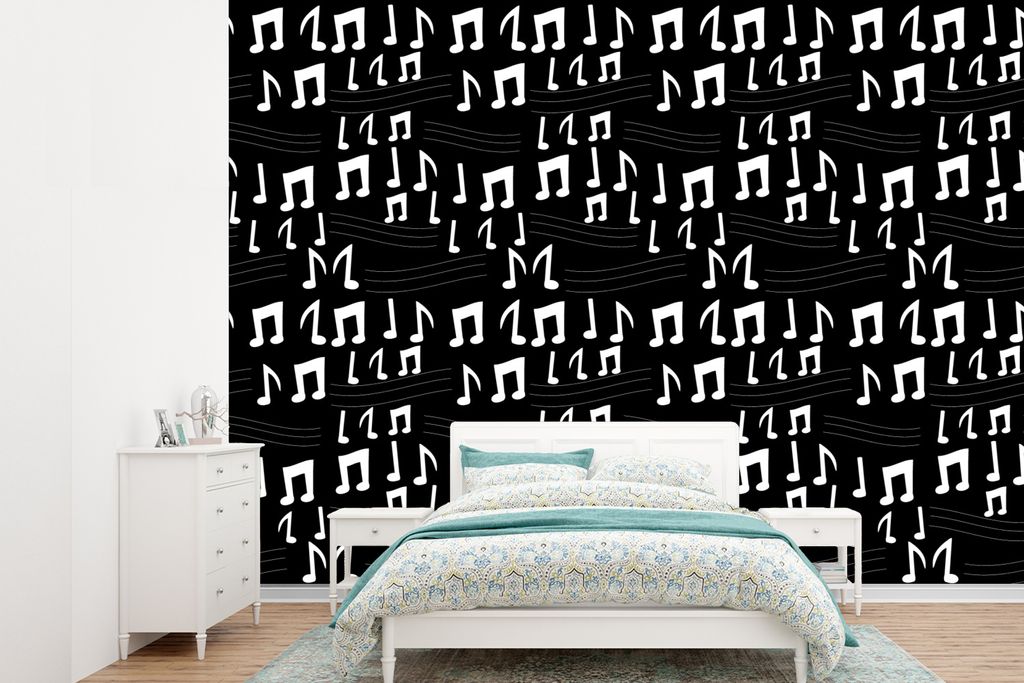 MuchoWow Fototapete für Wohnzimmer oder Schlafzimmer Wandtapete Vinyl Motivtapete Musik - Schwarz und Weiß - Muster - 360x260 cm - Wohnzimmer t...
