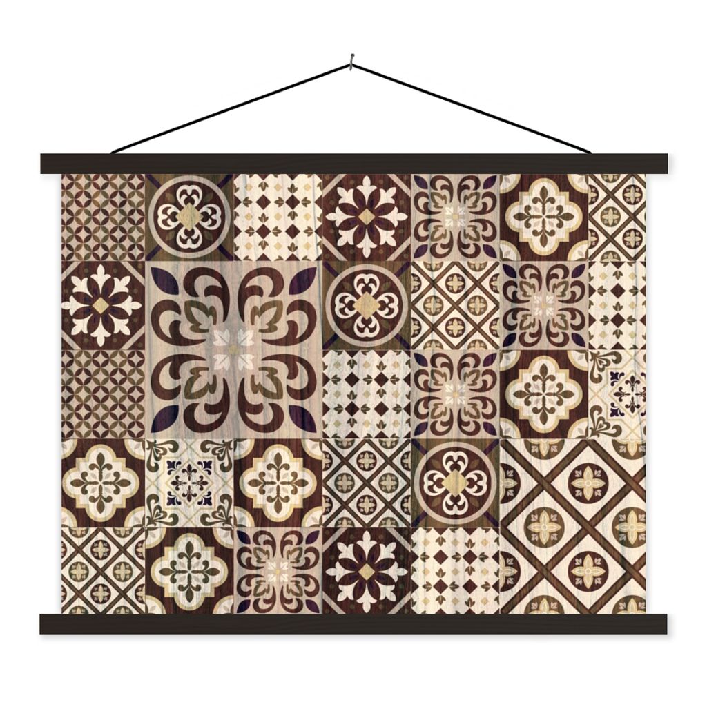 MuchoWow Textilposter Retro - Muster - Braun - Abstrakt 150x113 cm mit holzfarbenen Rahmen - Poster