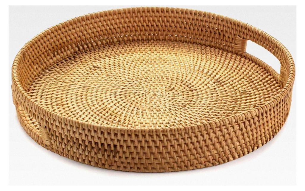 Rundes Rattan-Serviertablett 30 cm – Natürlich geflochtenes Tablett mit Griffen, dekoratives Korbtablett für Wohnzimmer, Küche oder Esstisch
