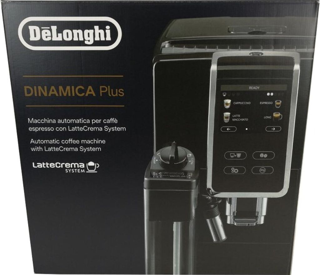 The image shows the packaging of a De'Longhi Dinamica Plus automatic coffee machine.