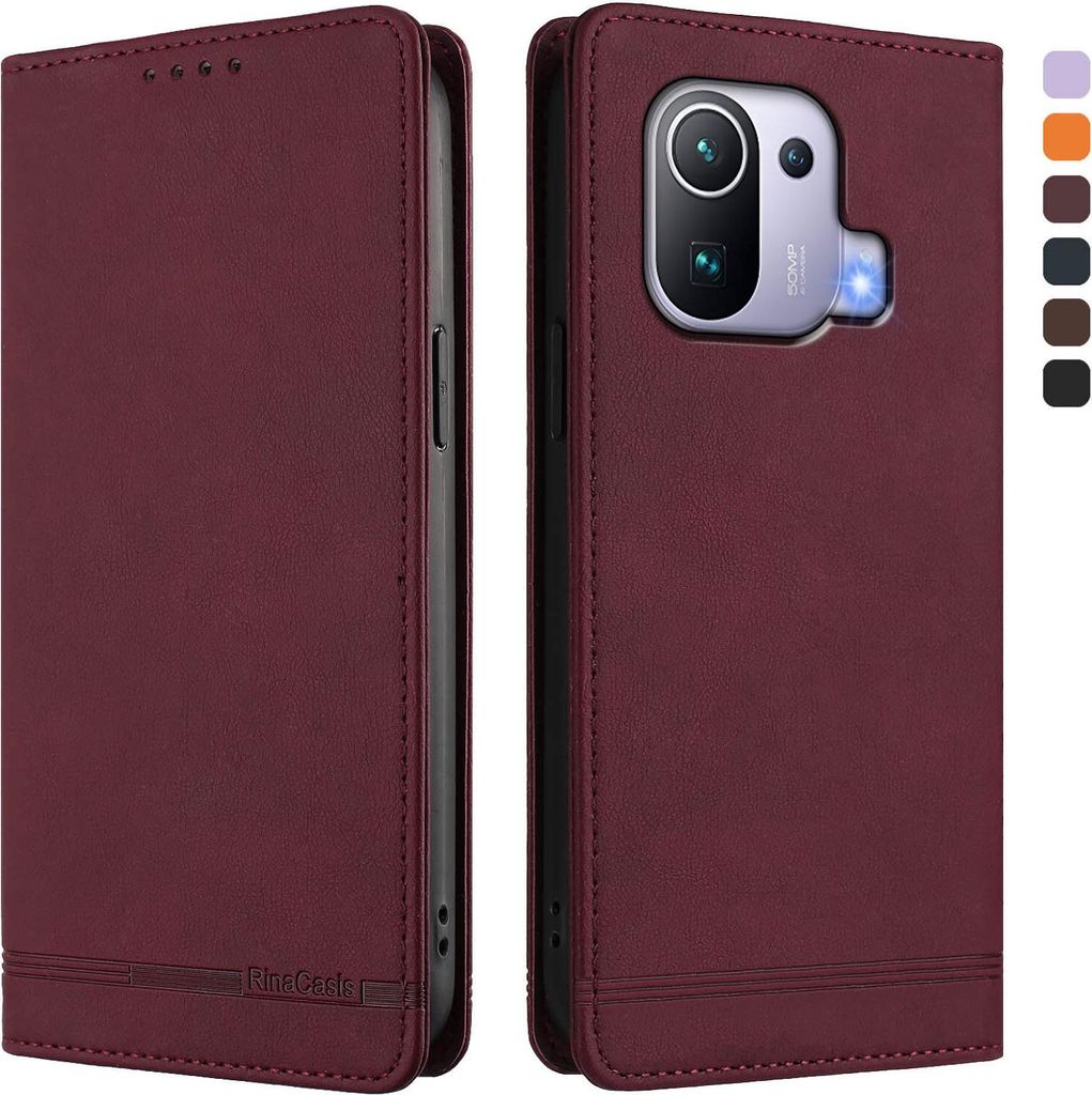 Hülle für Xiaomi Mi 11 Pro, Retro Kunstleder Ständer Klapphülle mit Kartenfächer und Magnetische Rot