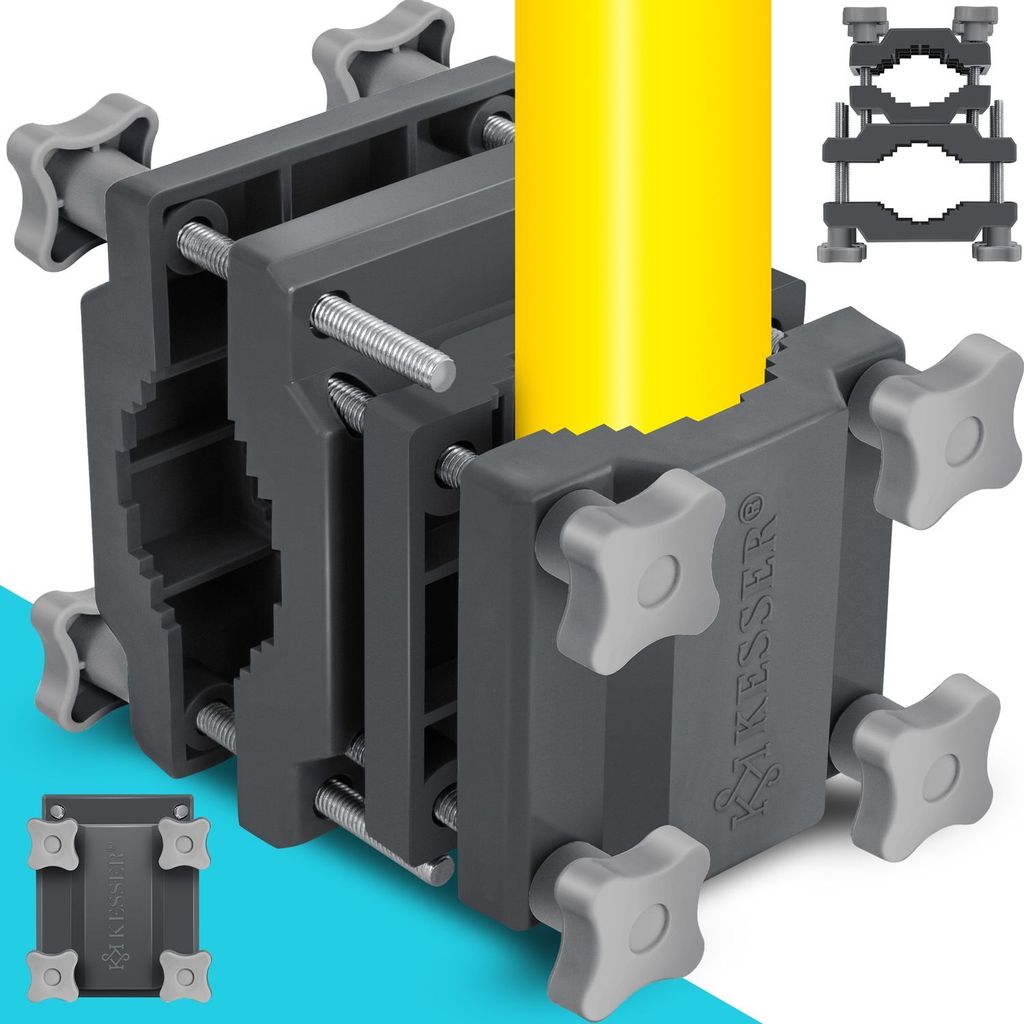 A close-up studio shot of a yellow pole being held by a clamp system with gray knobs, with a smaller inset image showing another view of the clamp.