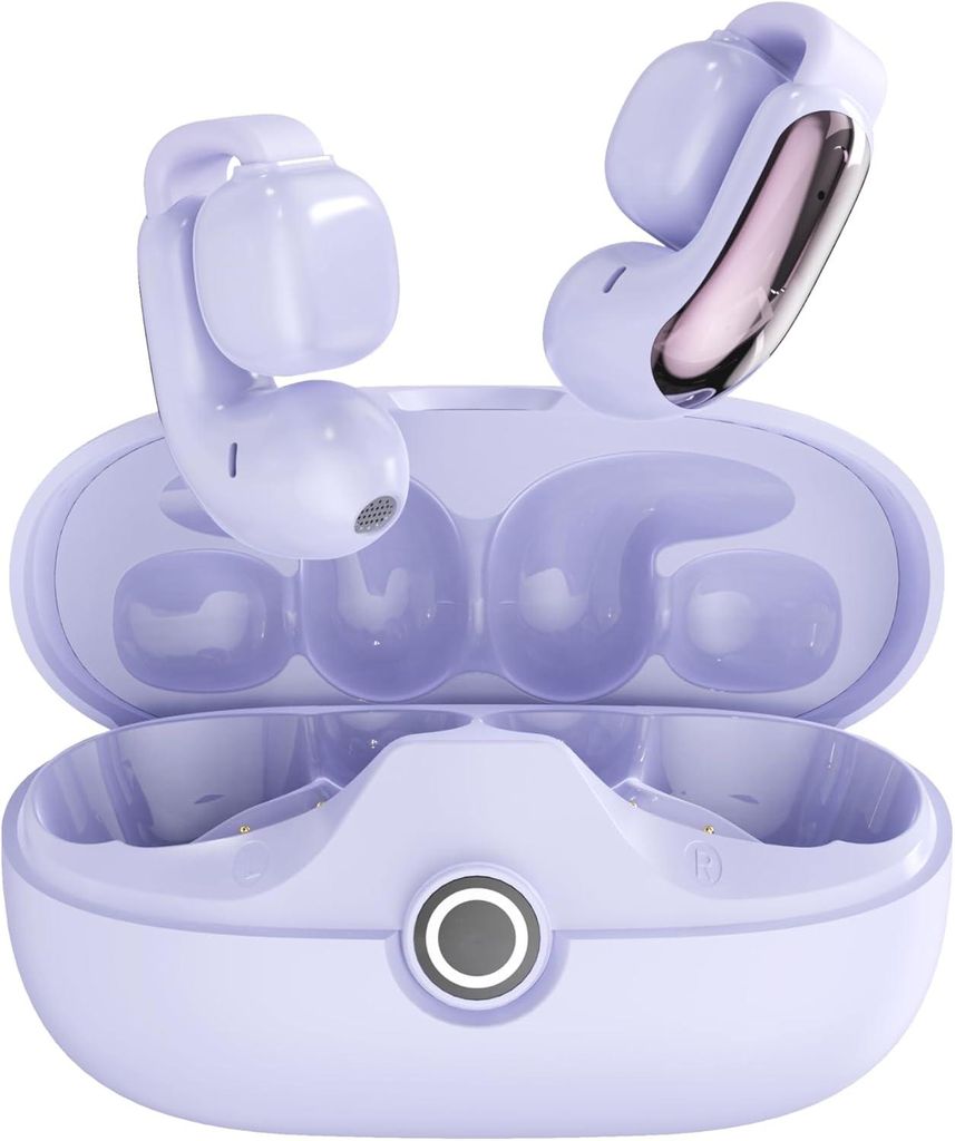 Wireless Ear Clip Kopfhörer Bluetooth 5.4 Offene Ohrhörer Knochenleitungskopfhörer Sport Earbuds Ohrclip Kabellos Lila für Fitness & Alltag