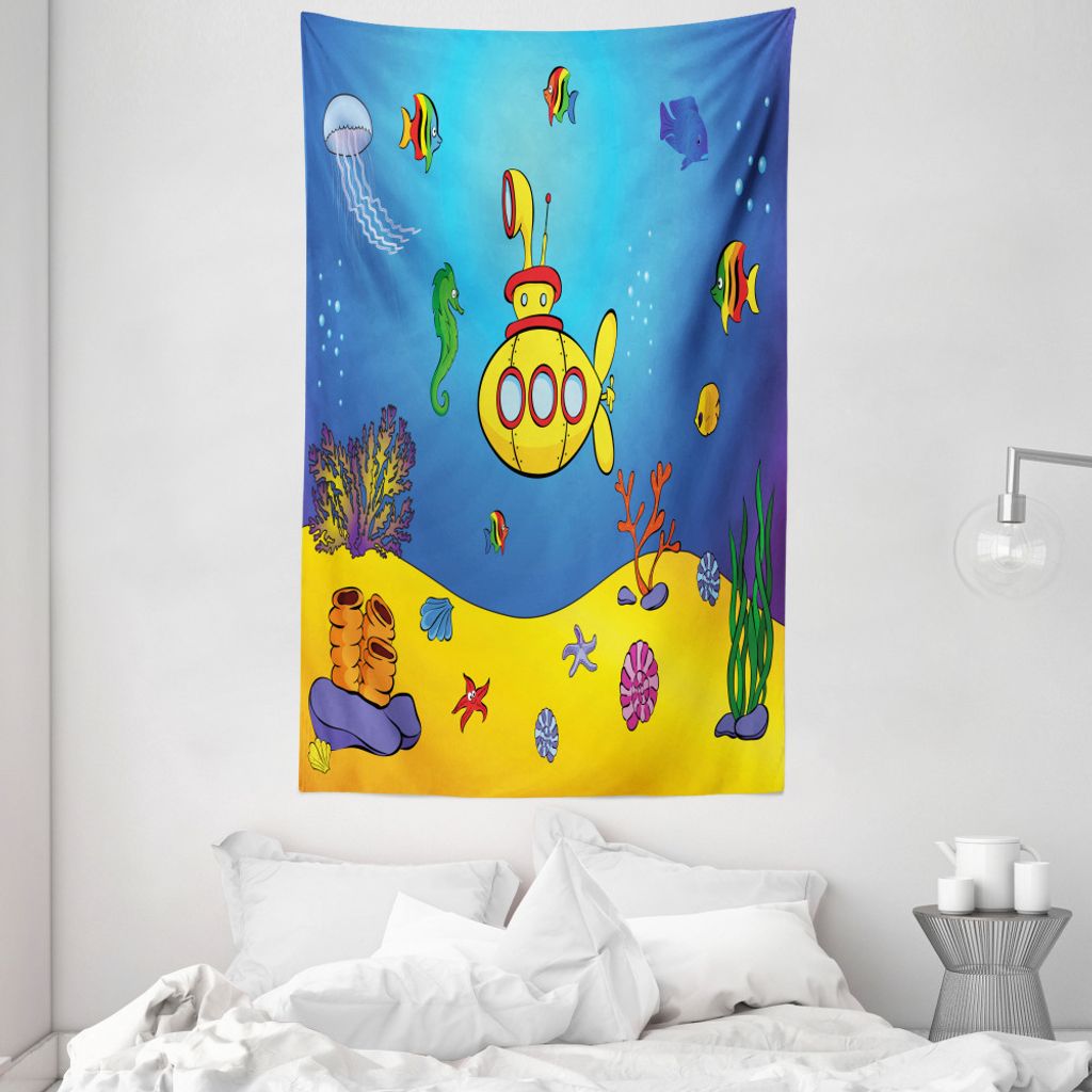 ABAKUHAUS Gelbes U-Boot Wandteppich und Tagesdecke, Nautical Kinder aus Weiches Mikrofaser Stoff Waschbar ohne Verblassen Digitaldruck, 140 x 230 c...