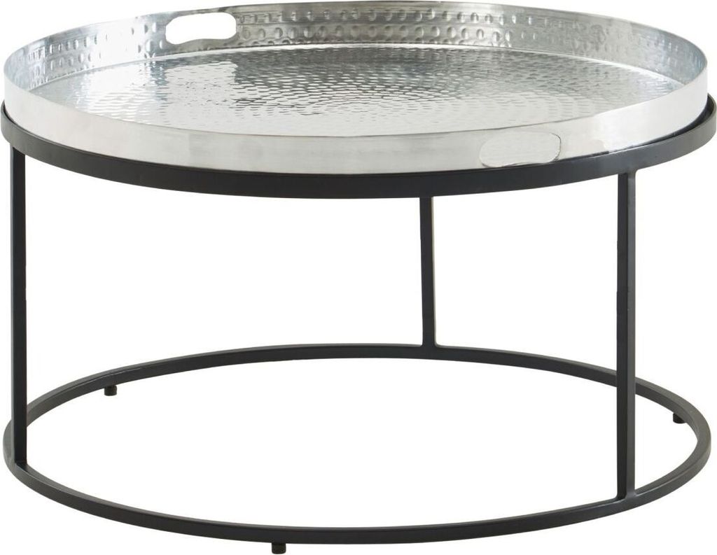 Couchtisch Hammerschlag Metall 62x62x36 cm Sofatisch Aluminium Silber Schwarz, Design Wohnzimmertisch abnehmbares Tablett Rund, Tabletttisch Wohnzi...