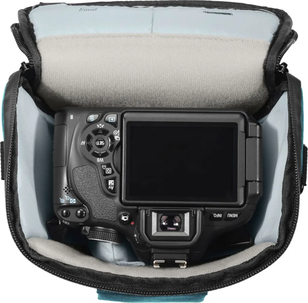 Borsa Hama Canberra 90 Per Fotocamera Reflex – Leggera, Impermeabile E Con Tracolla (Nero/Blu)