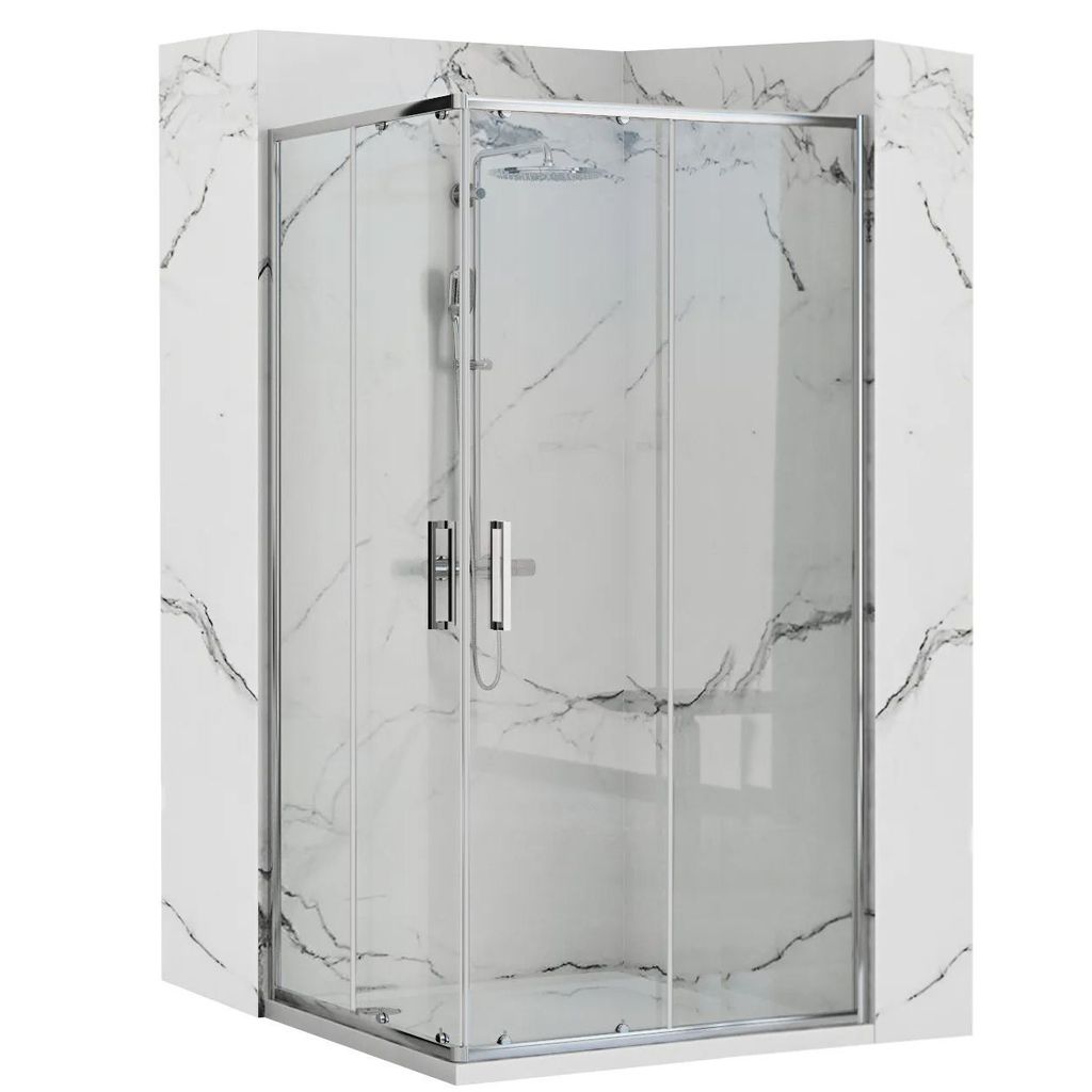 A modern shower cabin with glass doors and chrome fixtures, set against a marble-patterned wall.