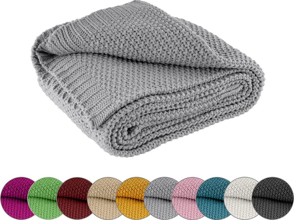 A folded gray knitted blanket is shown.