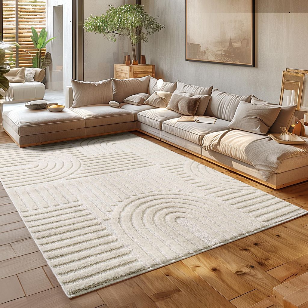 A modern living room with a large sectional sofa and a rug.