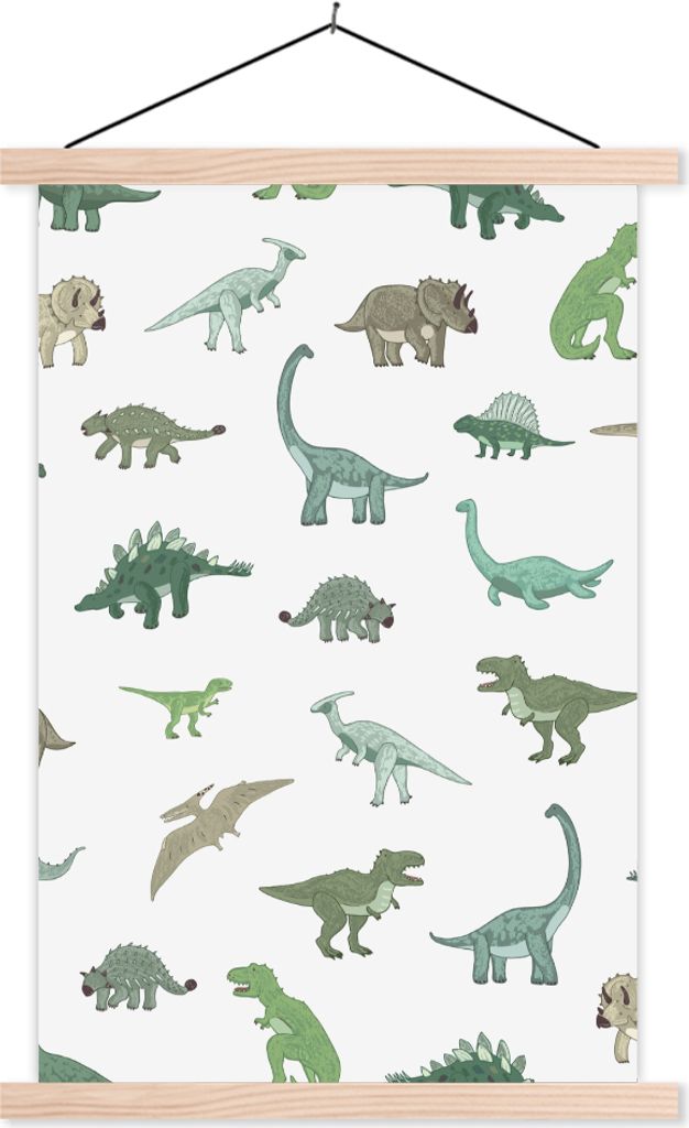 MuchoWow Textilposter Dinosaurier - Grün - Jungen - Braun - Kind - Muster 60x90 cm mit holzfarbenen Rahmen - Textil