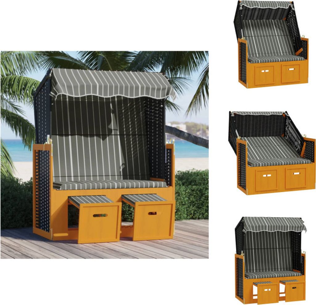 vidaXL Strandkorb mit Dach Poly Rattan und Massivholz Schwarz & Grau - Sonnenliegen