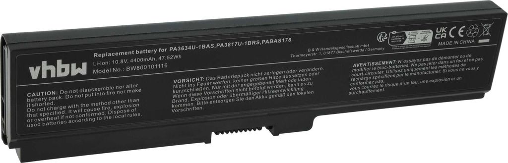 vhbw Akku kompatibel mit Toshiba Dynabook EX/66, EX/46MWH, EX/56MRD, EX/56MBL, EX/56, EX/48MWHMA, EX/56MWH Notebook (4400 mAh, 10,8 V, Li-Ion)