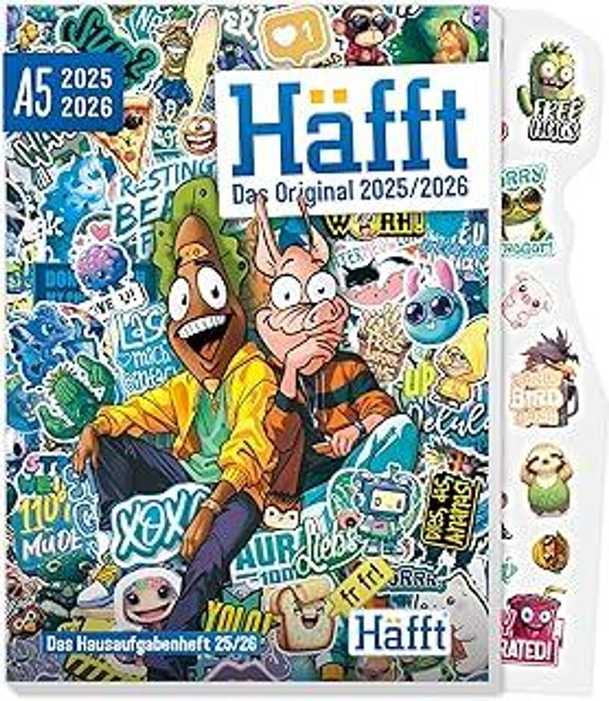 HäfftOriginal Hausaufgabenheft 2025/2026 A5 Stickermania ultimativer Schülerkalender, Schülerplaner - nachhaltig & klimafreundlich