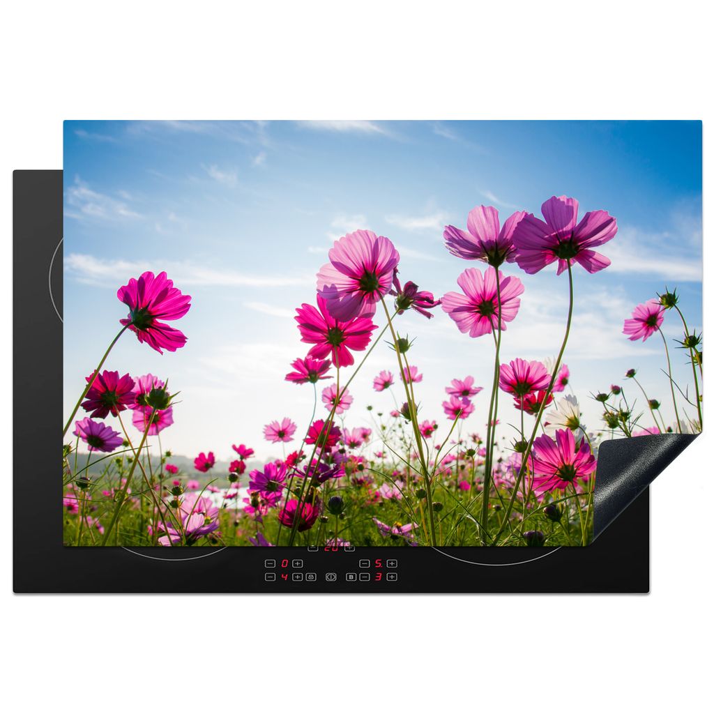 KitchenYeah Herdabdeckplatte Blumen - Rosa - Cosmea , 78x52cm, Küche Deko, Glaskeramikkochfeld Herdabdeckung, Abdeckplatte fùr Kochfeld