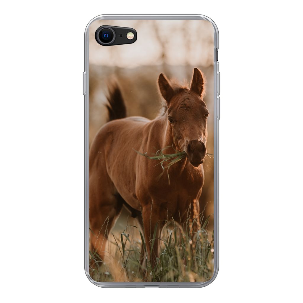 MuchoWow Handyhülle Schutzhülle Hülle für iPhone SE 2022 Pferd - Sonne - Gras Silikon Softcase Handy Hülle - Schutzhülle