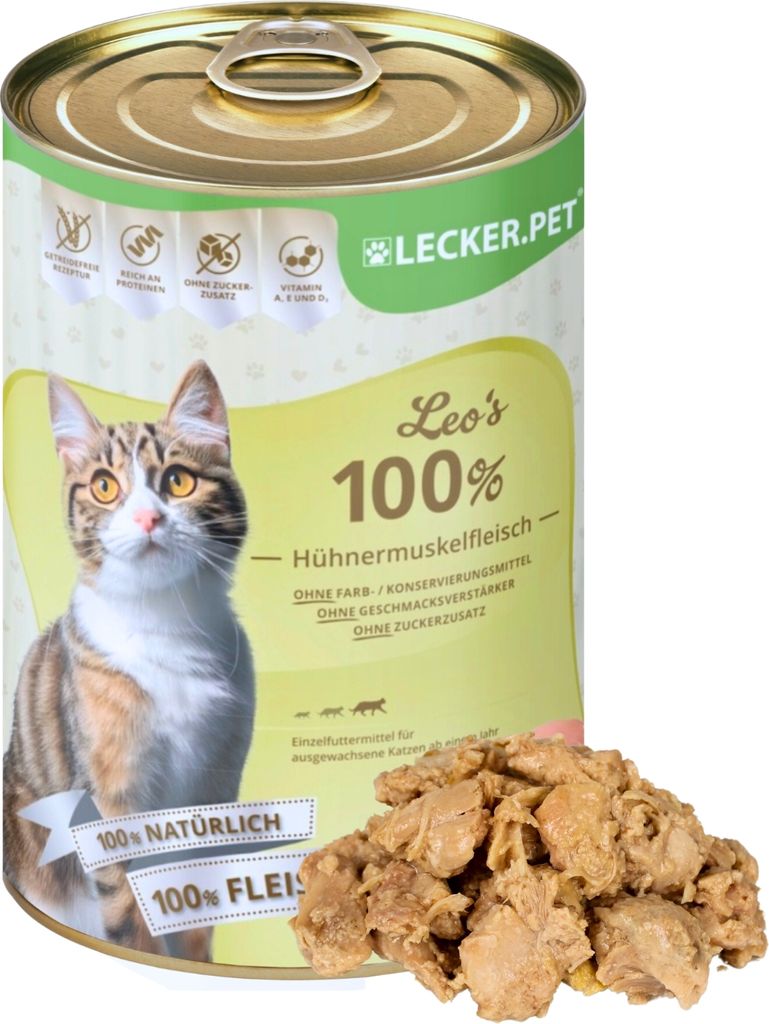 12 x 400 g Lecker.Pet Leo's 100 % Hühnermuskelfleisch Katzenfutter Nassfutter
