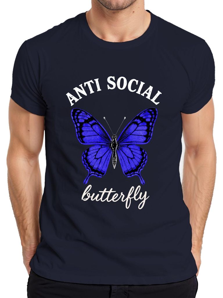 ANTI SOCIAL butterfly introvertiert Geschenk Geburtstag Retro Herren T-Shirt, Navy, 3XL