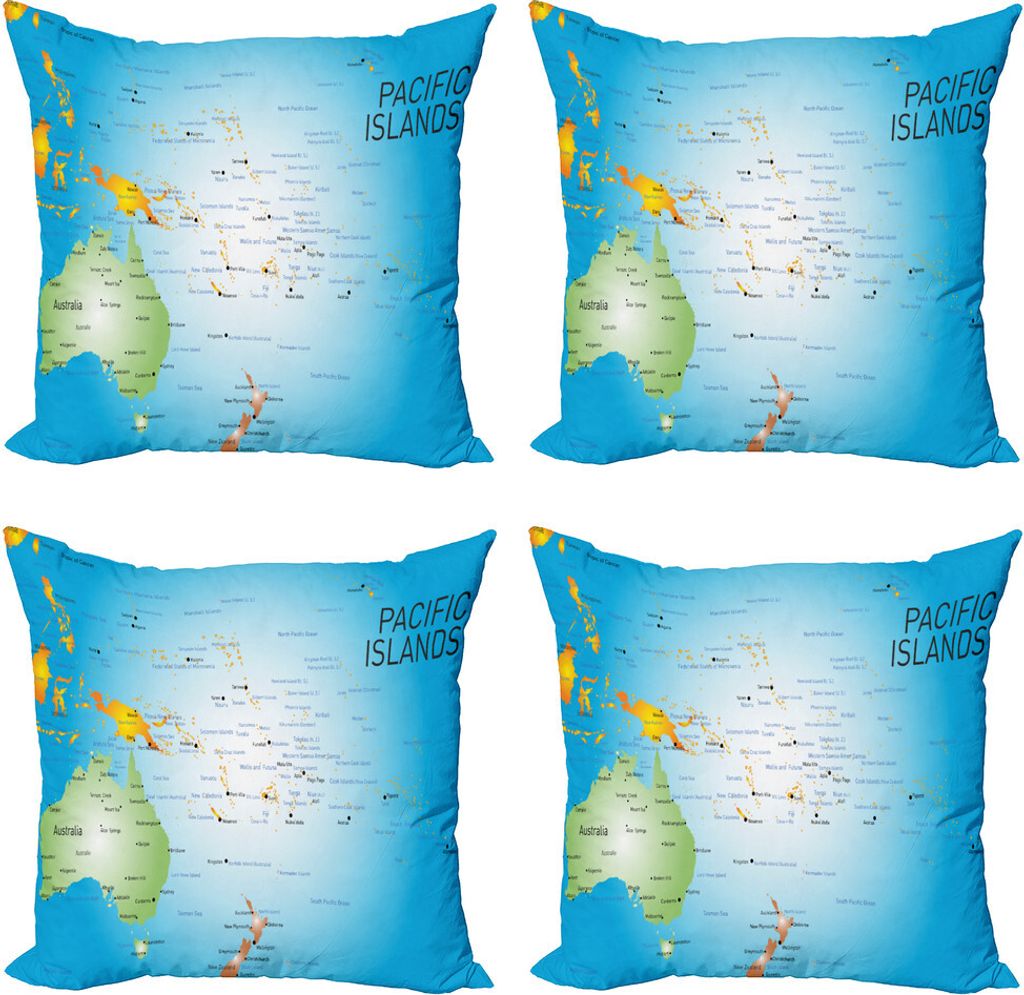 ABAKUHAUS Karte Kissenbezug Set (4 Stück), Pazifikinseln Informativ, Moderner Doppelseitiger Digitaldruck, 50 cm x 50 cm, Sky Blue Multicolor