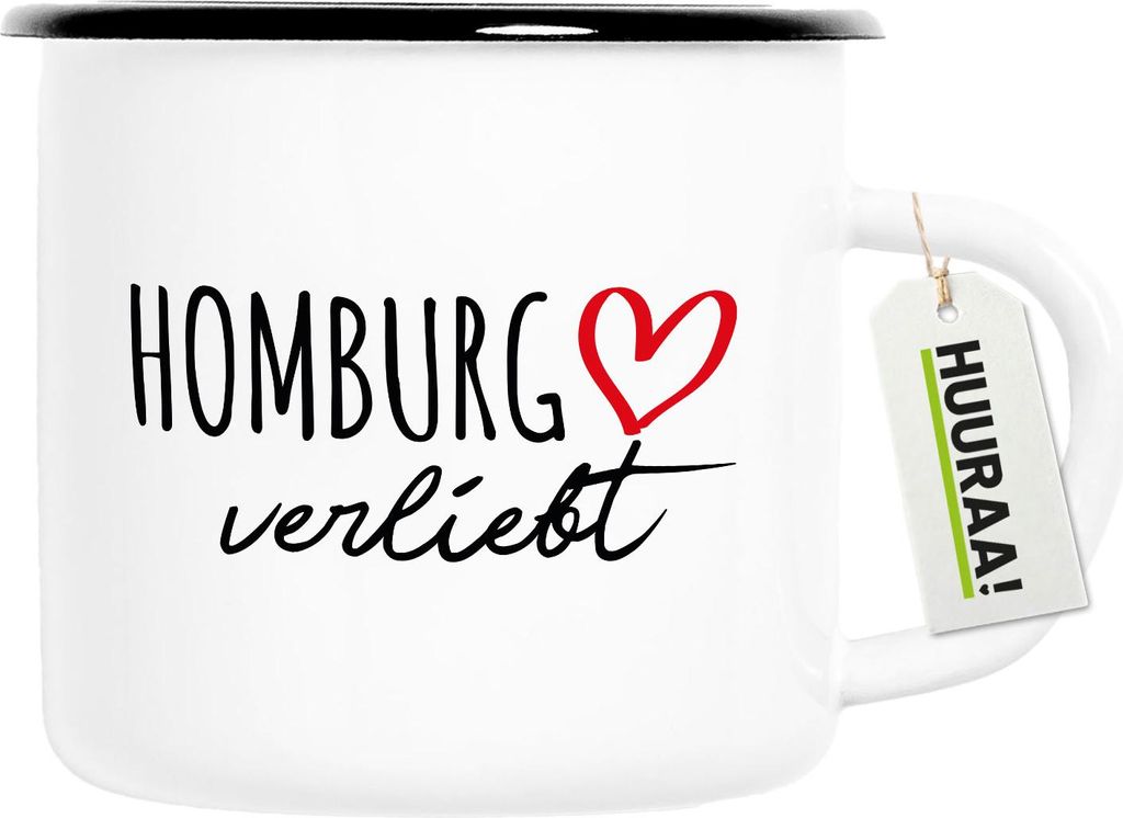 Huuraa Emaille Tasse Homburg verliebt 300ml Vintage Campingbecher Geschenkidee