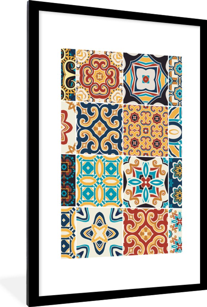 MuchoWow Gerahmtes Poster Blumen - Vintage - Muster - Blau - Orange 60x90 cm - Poster mit Schwarzem Bilderrahmen Wandposter Rahmen Foto Bilder - ...