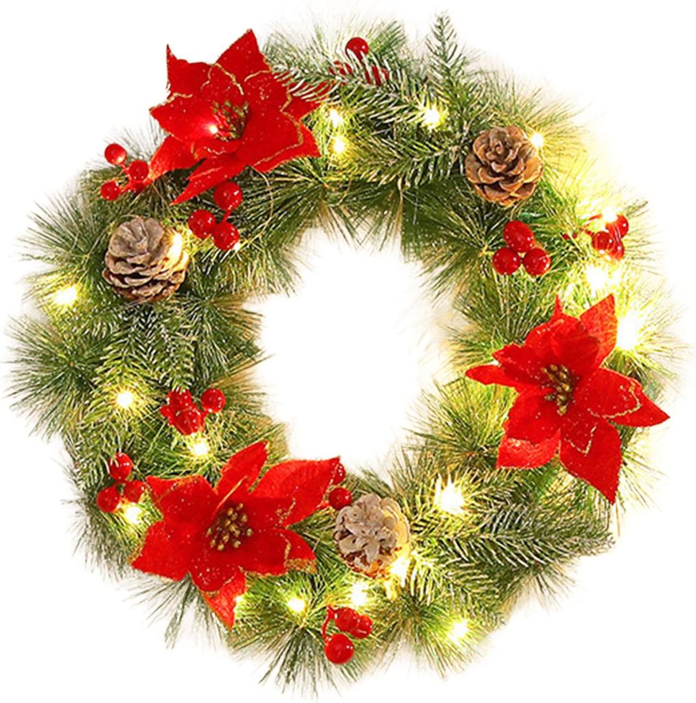 Beleuchteter Weihnachtskranz für die Haustür, 30 cm (12 Zoll), künstlicher LED-Weihnachtskranz mit Tannenzapfen und Beeren für die Innen- und A...