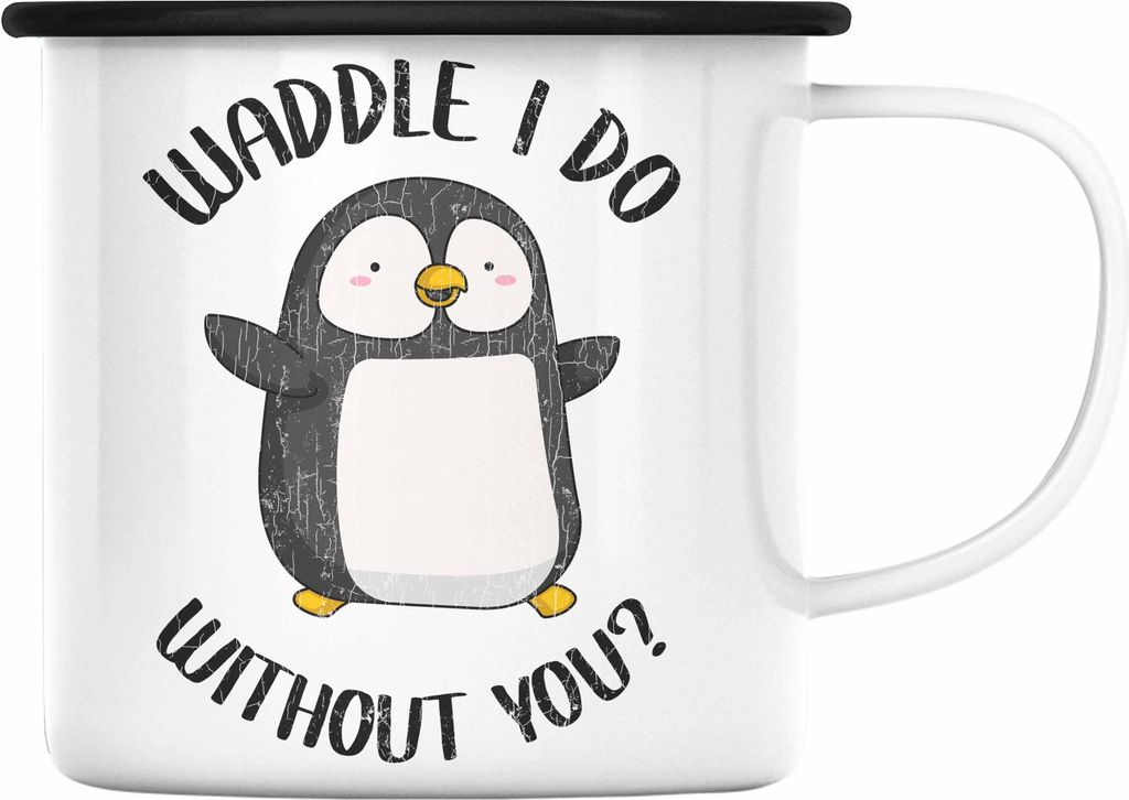 Trendation - Valentinstag Emaille Tasse Geschenk für Ihn Sie Lustig Pinguin Grafik Geschenkidee Becher Freund Freundin Liebe Paare Wortspiel (Schw...