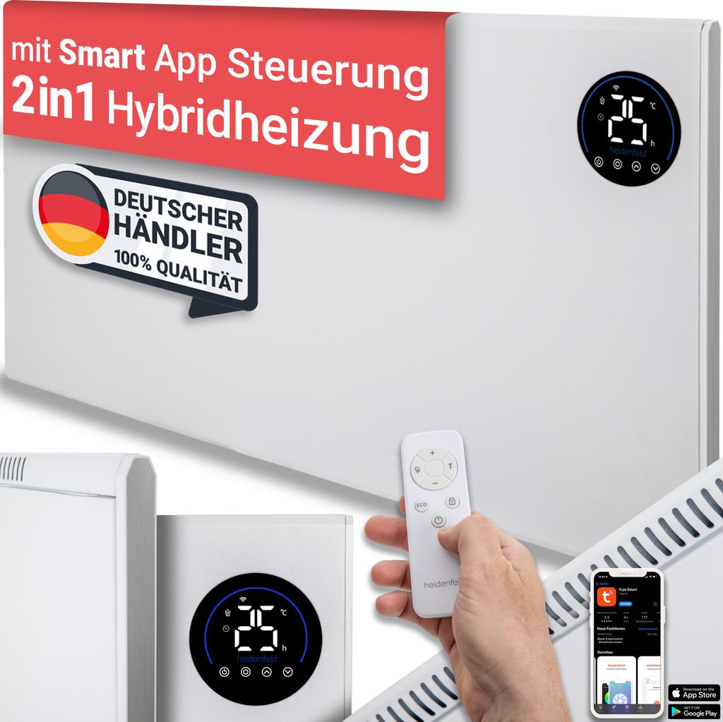 Heidenfeld Hybrid Infrarotheizung HF-HP150 | Steuerung via App - Fernbedienung - Touch-Bedienfeld - Thermostat - 1000 Watt - bis 25 m²