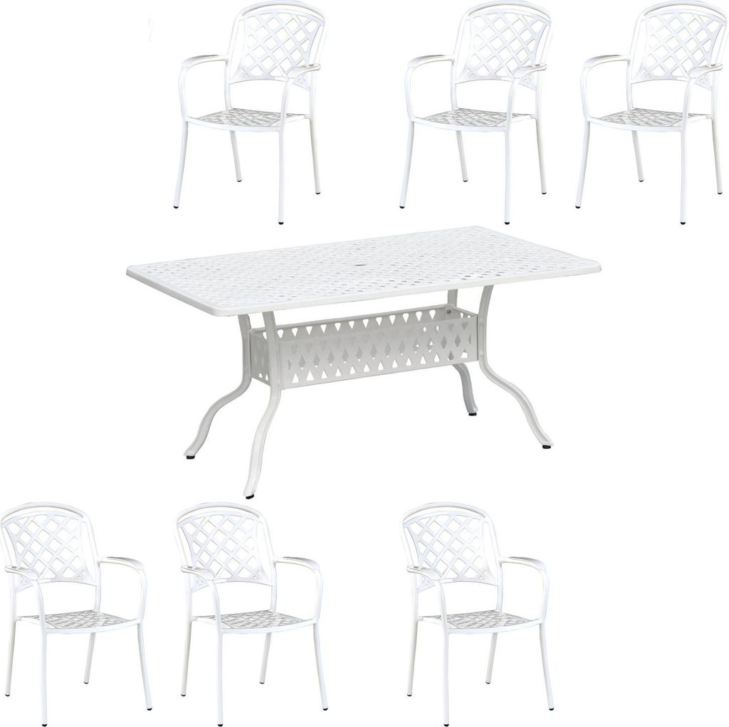 Inko 7-teilige Sitzgruppe Alu-Guss weiß Tisch 150x97x74 cm cm mit 6 Sesseln