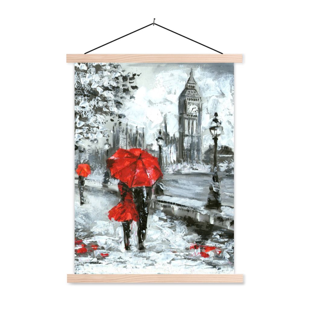 MuchoWow Textilposter Gemälde - Regenschirm - Öl 120x160 cm mit holzfarbenen Rahmen - Plakatkarton