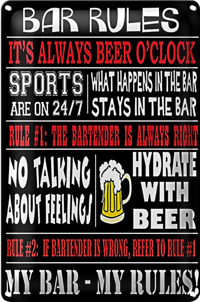 Blechschild Spruch 40x30cm Bar rules Bier my bar my rules